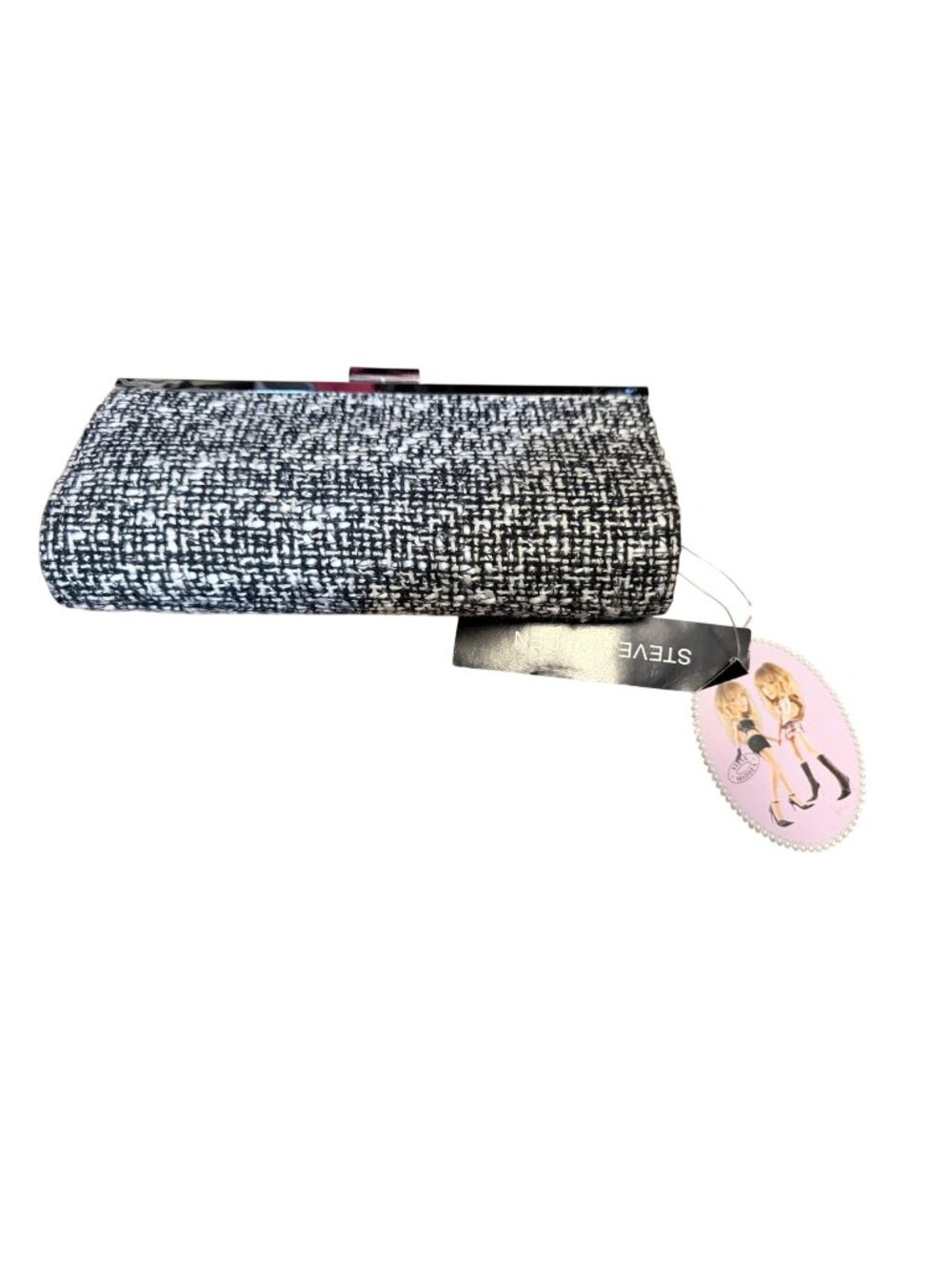 Rare Vintage Steve Madden Big Head Doll Tag Black Tweed Boucle Clasp Clutch NWT